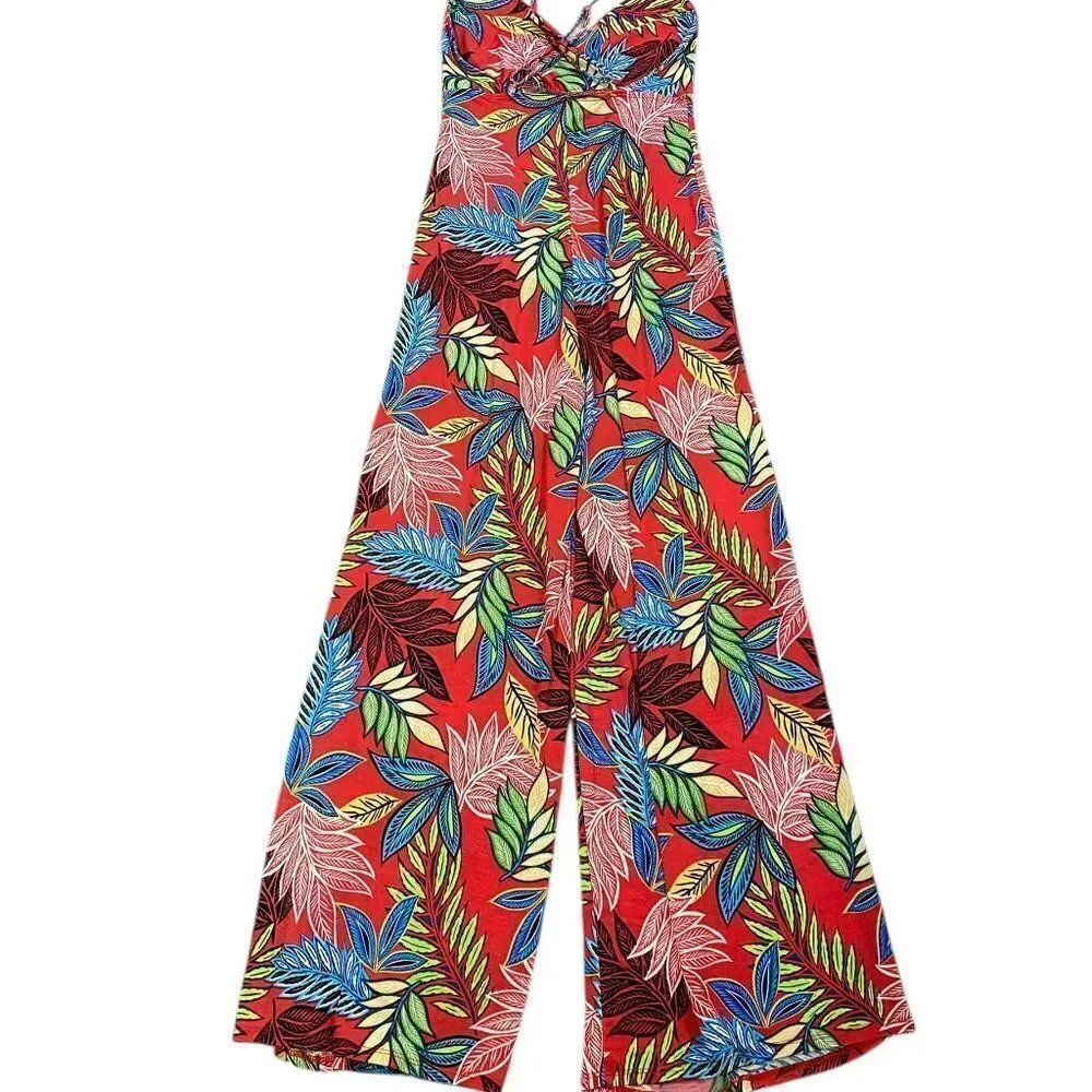 Jumpsuit S tropical colors v neck wide leg adjustable spagetti straps